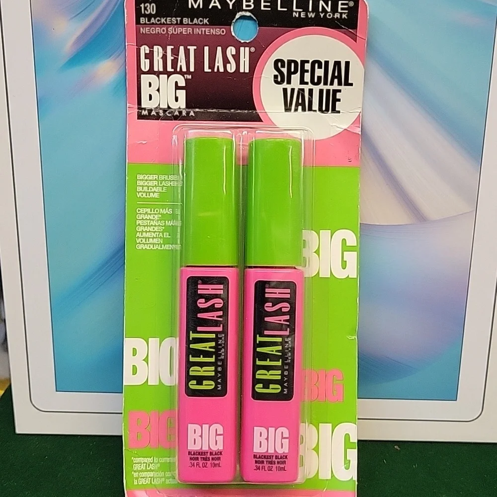 Maybelline Great Lash 130 Blackest Black Mascara 10ml New Sealed Package of 2